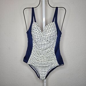 Romenza Targo One Piece Swimsuit Anchor‎ Print Ruched Bust Blue Coastal XL